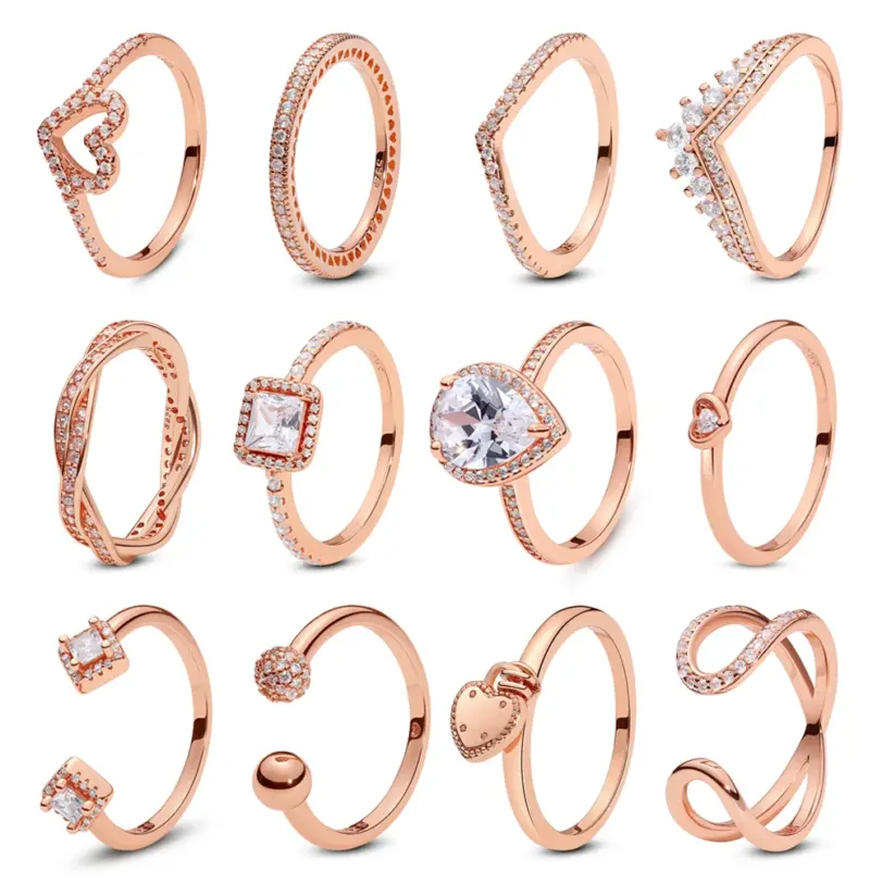 Anillos de plata de ley 925 para mujer, joyería de lujo con cristales de oro rosa, Original, infinito, corazón, compromiso, boda, regalo 1