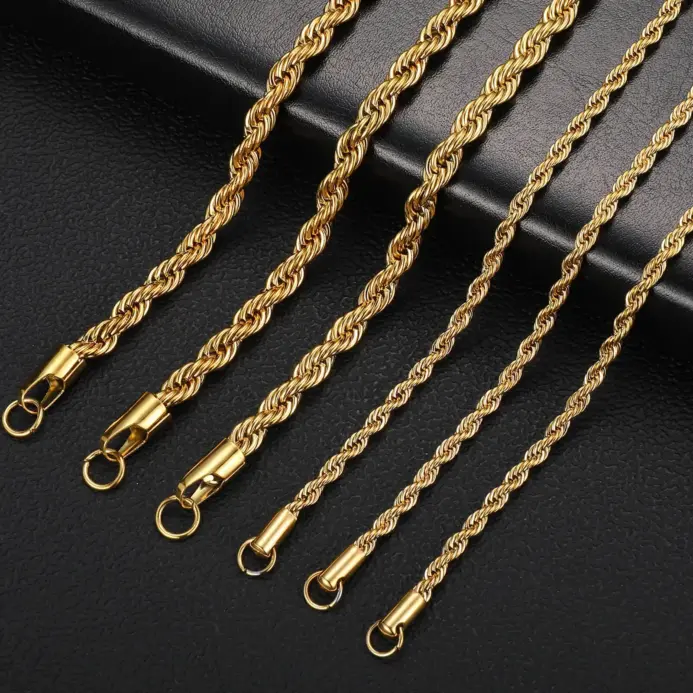 Collar de cadena de cuerda trenzada de Color dorado de 2-6MM, Gargantilla impermeable de acero inoxidable que nunca se decolora para hombres y mujeres, joyería de moda 1
