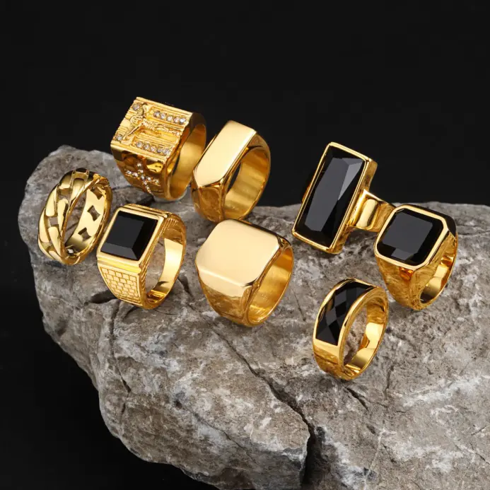 Anillos de nicho retro para hombres, anillos con incrustaciones de piedras preciosas talladas en arte de acero inoxidable, ropa informal de moda para dedos masculinos de Hip Hop 2