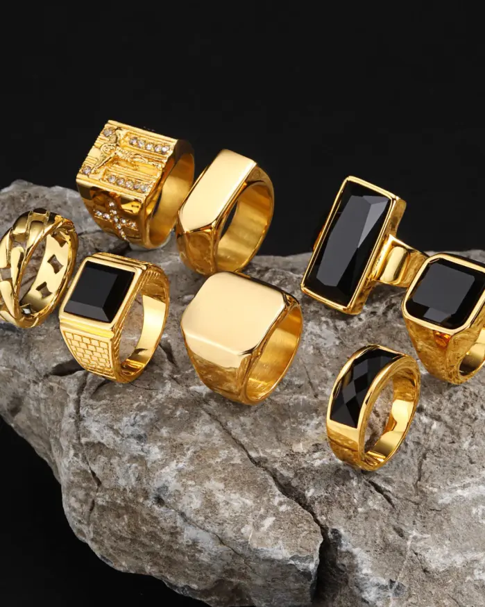 Anillos de nicho retro para hombres, anillos con incrustaciones de piedras preciosas talladas en arte de acero inoxidable, ropa informal de moda para dedos masculinos de Hip Hop 2