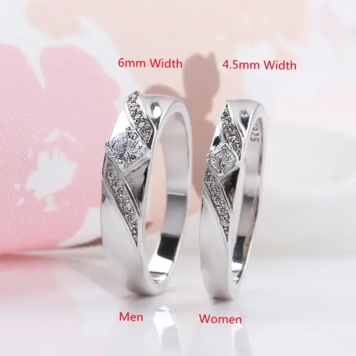 Buyee-Conjunto de anillos de Plata de Ley 925 para parejas, anillo Simple de circón blanco para mujer y hombre, joyería fina de boda a la moda, círculo 1