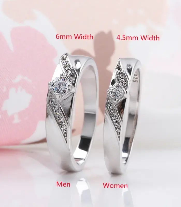 Buyee-Conjunto de anillos de Plata de Ley 925 para parejas, anillo Simple de circón blanco para mujer y hombre, joyería fina de boda a la moda, círculo 1