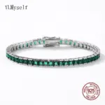Pulsera de tenis de circón cúbico, cadena rectangular de 4mm de ancho, color blanco, verde, rojo rubí, sólido, Real 925, 3x3mm 1