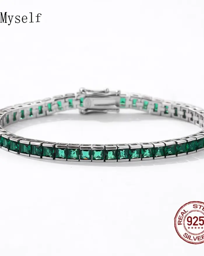 Pulsera de tenis de circón cúbico, cadena rectangular de 4mm de ancho, color blanco, verde, rojo rubí, sólido, Real 925, 3x3mm 1