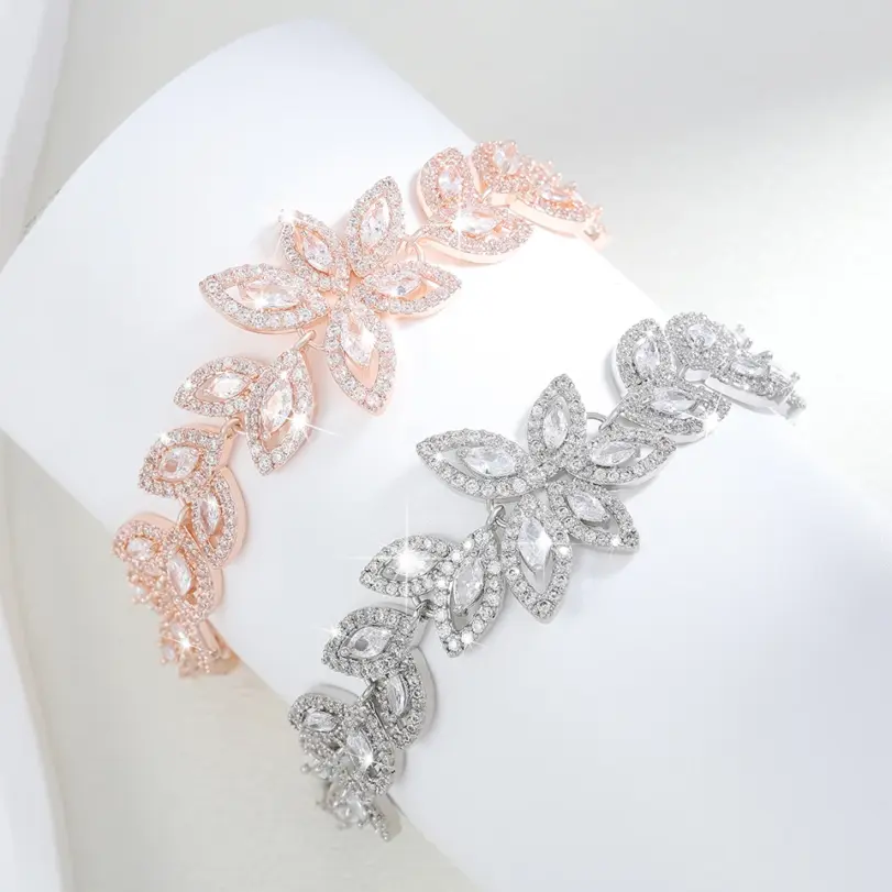 ZAKOL Pulseras de Moda con Dijes de Flor de Circonia para Mujer, Pulsera de Hoja Micro Pavimentada, Joyería para Novias y Fiestas de Boda 5