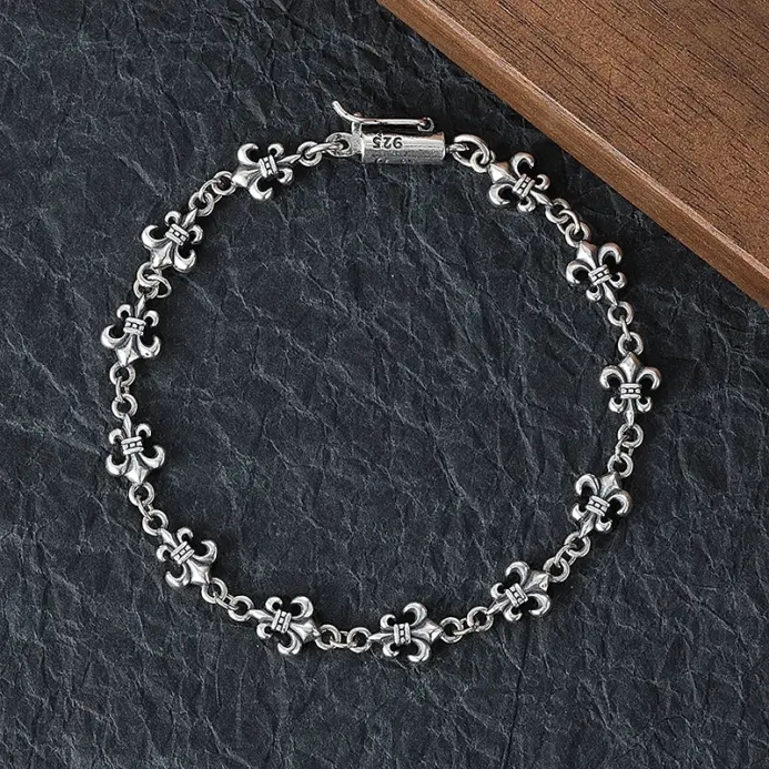 Pulsera Punk de plata de ley S925 con forma de flor de explorador, personalizada, de nicho, pulsera de ancla de barco de moda para hombres y mujeres 1