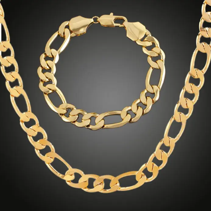 Collar Figaro de oro puro 24K 9999 de lujo, conjunto de pulsera y collar para hombre, ancho 6MM 8MM 10MM de longitud 60cm 1