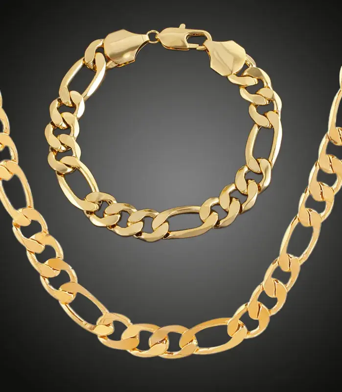 Collar Figaro de oro puro 24K 9999 de lujo, conjunto de pulsera y collar para hombre, ancho 6MM 8MM 10MM de longitud 60cm 1