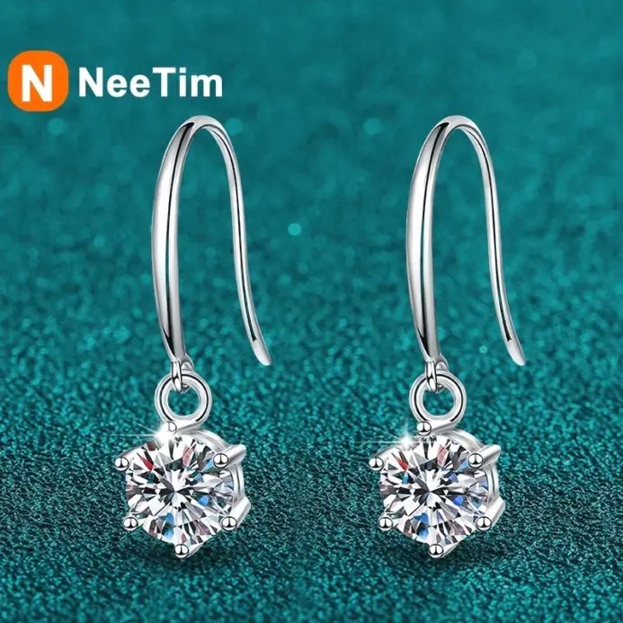 Pendientes colgantes de moissanita NeeTim de 1ct y 6,5mm para mujer, regalo Original de boda y Navidad, pendiente de aro de plata de ley S925 al por mayor 1