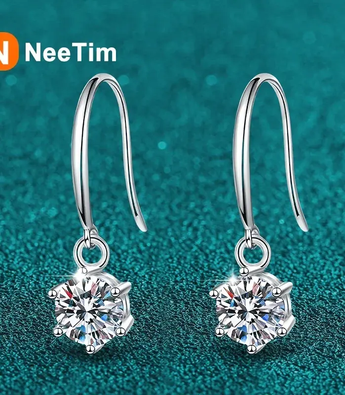 Pendientes colgantes de moissanita NeeTim de 1ct y 6,5mm para mujer, regalo Original de boda y Navidad, pendiente de aro de plata de ley S925 al por mayor 1