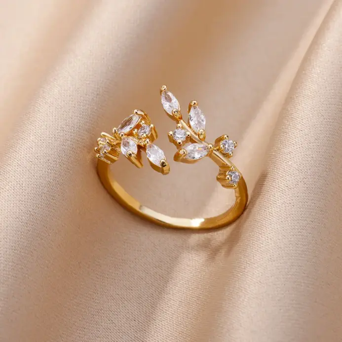 Anillos abiertos de hojas de circón para mujer, anillo de hoja de acero inoxidable de Color dorado, joyería estética de boda, regalo, anillos para mujer 1