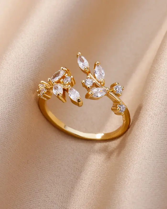 Anillos abiertos de hojas de circón para mujer, anillo de hoja de acero inoxidable de Color dorado, joyería estética de boda, regalo, anillos para mujer 1