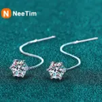 Pendientes NeeTim de moissanita de 1 quilate, plata de ley S925 chapada con línea de alambre de oreja de oro blanco, pendiente de gota, aro, joyería fina de boda 1