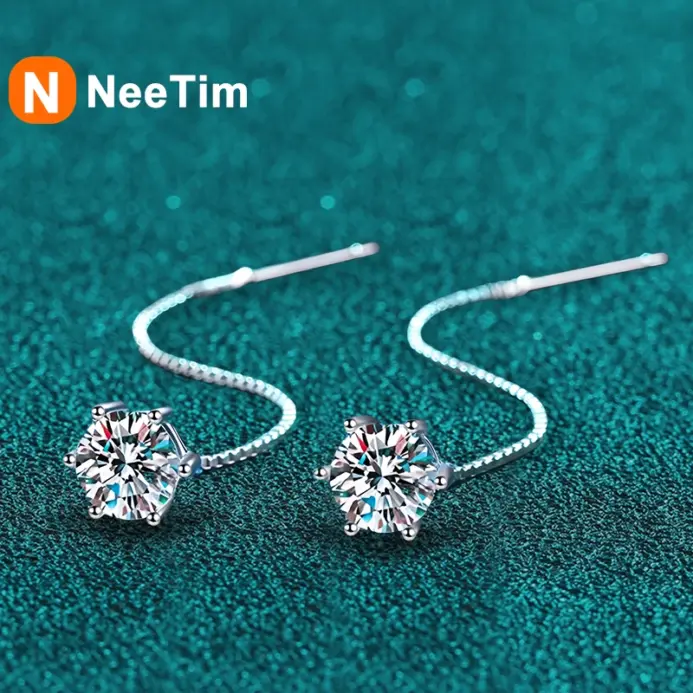 Pendientes NeeTim de moissanita de 1 quilate, plata de ley S925 chapada con línea de alambre de oreja de oro blanco, pendiente de gota, aro, joyería fina de boda 1