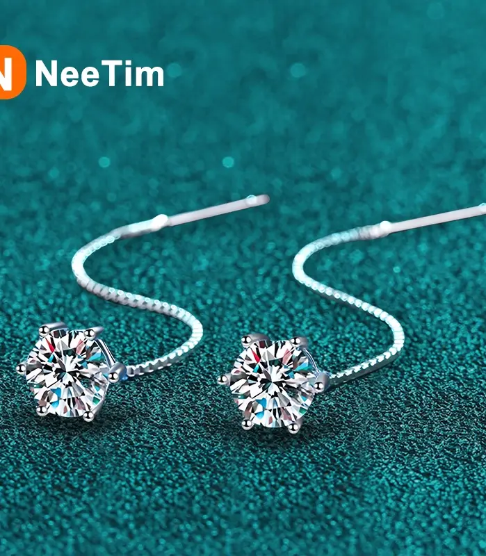 Pendientes NeeTim de moissanita de 1 quilate, plata de ley S925 chapada con línea de alambre de oreja de oro blanco, pendiente de gota, aro, joyería fina de boda 1