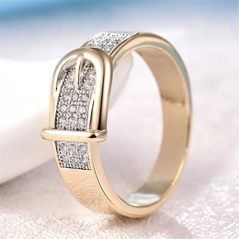 Anillos de cinturón Anillo creativo de plata y oro para mujer, joyería de compromiso y boda, anillo de circón completo brillante 4