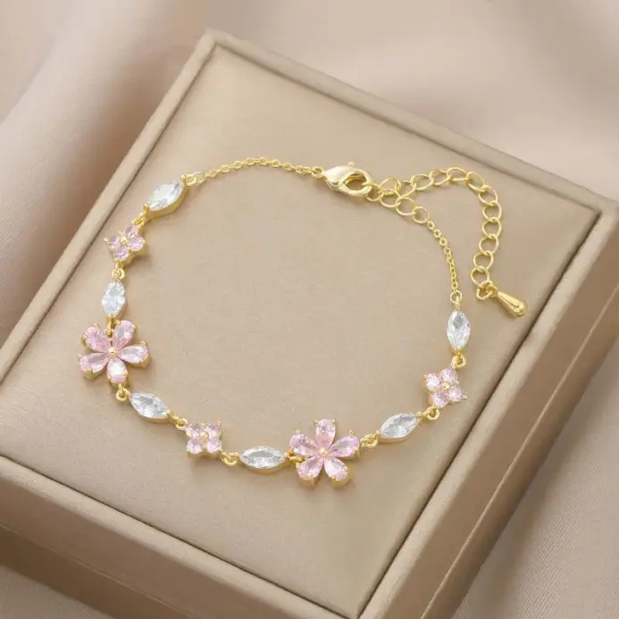 Pulsera de flores de circón colorida de lujo para mujeres y niñas, pulsera ajustable de cristal de Color dorado coreano, regalo de joyería 1