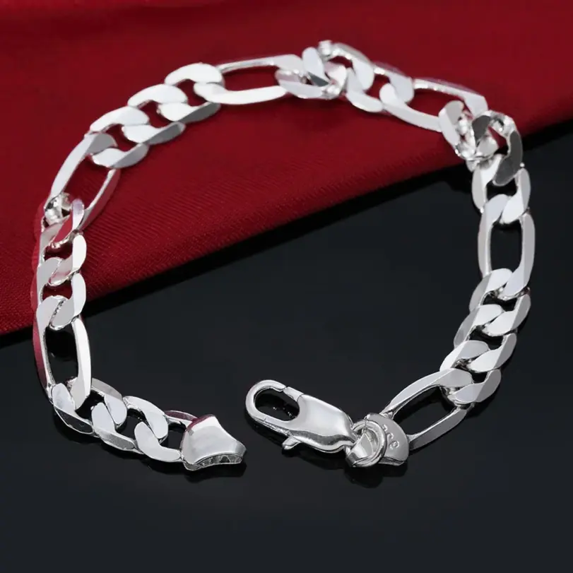 Pulsera de oro de 8 pulgadas, pulsera de cadena Figaro de lado completo de Color dorado/plateado de 8MM para mujer y hombre, regalo de joyería de boda a la moda 4