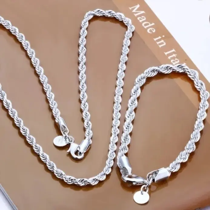 Accesorios de plata de ley 925 para hombre, 4MM, 40-60cm, 2 uds., collar de cadena de cuerda, pulsera, joyería de regalo de boda a la moda para mujer 1