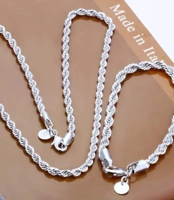 Accesorios de plata de ley 925 para hombre, 4MM, 40-60cm, 2 uds., collar de cadena de cuerda, pulsera, joyería de regalo de boda a la moda para mujer 1