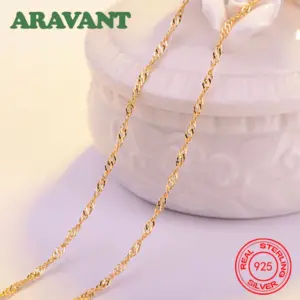 Aravant 925 Plata 1,3mm 18K oro onda de agua collares cadenas para mujer joyería de moda 1