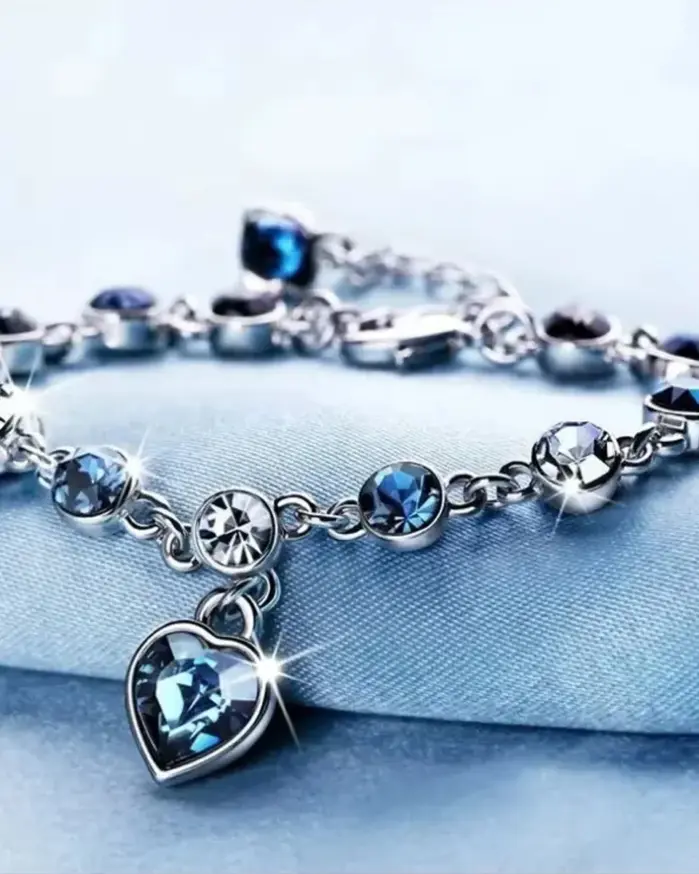 Pulsera de la suerte de Color plateado para mujer, Pulseras con dije de corazón de cristal azul para mujer, joyería fina de compromiso para boda y novia, regalo 1