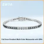 3mm 0.1CT Color degradado negro gris blanco Moissanite diamante pulsera de tenis para hombres mujeres Unisex 925 pulseras de eslabones de plata 1