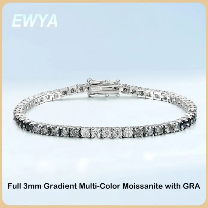 3mm 0.1CT Color degradado negro gris blanco Moissanite diamante pulsera de tenis para hombres mujeres Unisex 925 pulseras de eslabones de plata 1