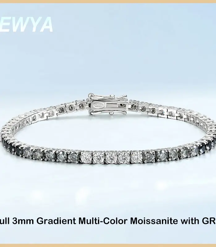 3mm 0.1CT Color degradado negro gris blanco Moissanite diamante pulsera de tenis para hombres mujeres Unisex 925 pulseras de eslabones de plata 1