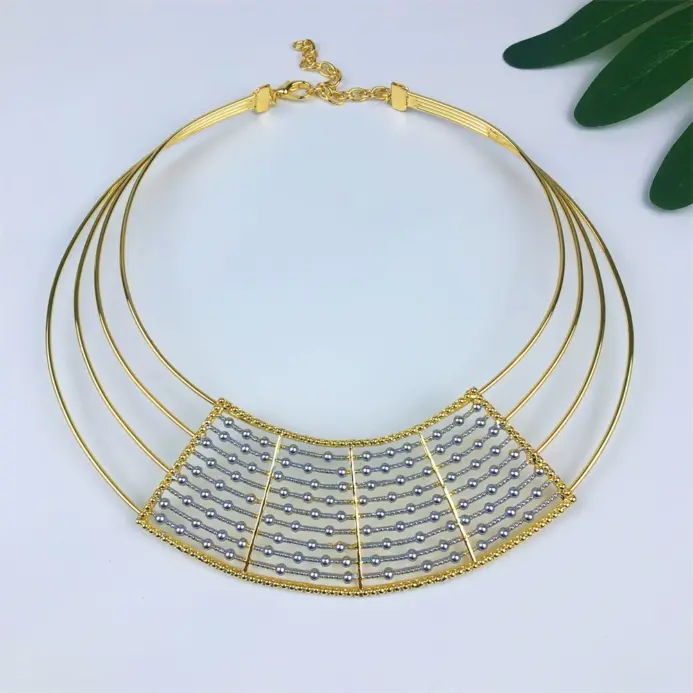 Collar geométrico de dos tonos, conjunto de joyería de 4 Uds para mujer, Collar grueso, pendientes colgantes, pulsera, anillo, regalos de fiesta de boda nupcial 2