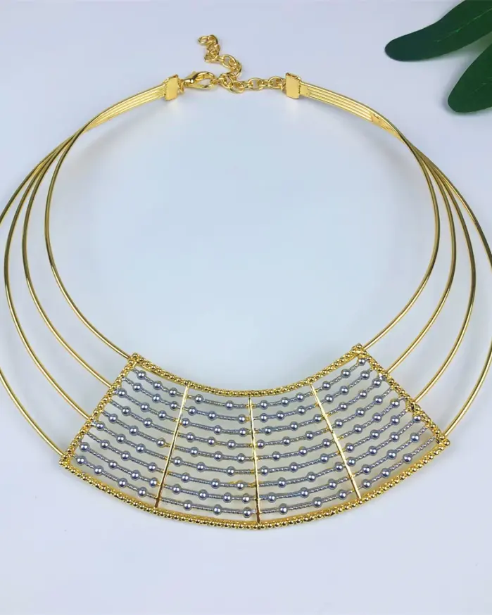 Collar geométrico de dos tonos, conjunto de joyería de 4 Uds para mujer, Collar grueso, pendientes colgantes, pulsera, anillo, regalos de fiesta de boda nupcial 2