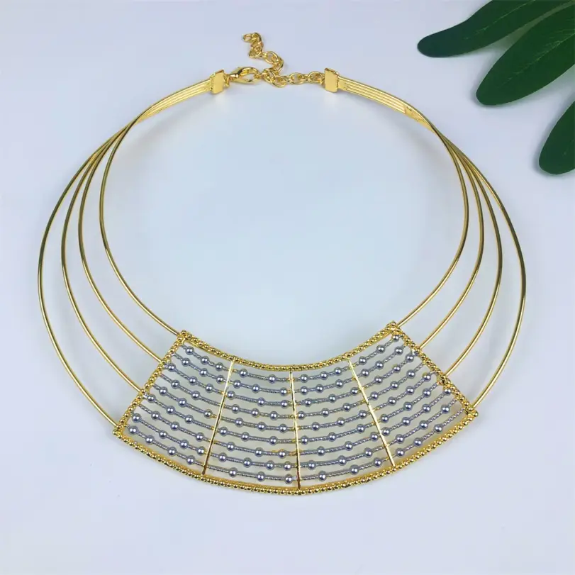 Collar geométrico de dos tonos, conjunto de joyería de 4 Uds para mujer, Collar grueso, pendientes colgantes, pulsera, anillo, regalos de fiesta de boda nupcial 2