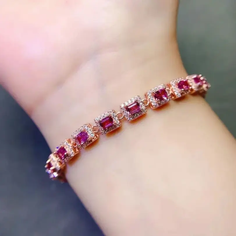 Pulsera de piedras preciosas de lujo para boda, 3mm x 4mm, granate Natural de 3 quilates, chapado en oro, joyería de plata 925 granate 5