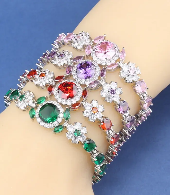 Pulsera femenina con dije de plata 925, brazalete de circonia cúbica azul, joyería de boda de 6 colores, longitud ajustable de 18 + 3CM 2