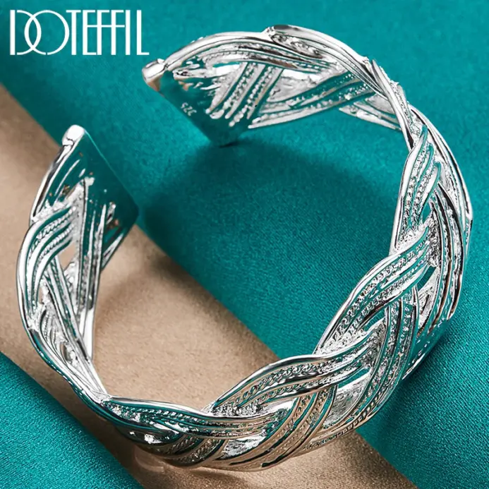 brazalete de red entrelazada de Plata de Ley 925 de 27mm para mujer, joyería de fiesta con abalorio de moda para compromiso de boda 1