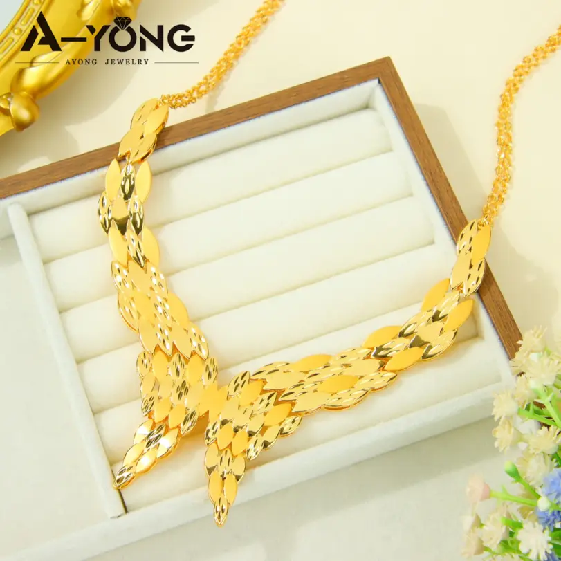 Precioso conjunto de joyería de boda de Dubái, chapado en oro de 24k, collar nupcial nigeriano, pulsera, pendientes, joyería árabe para mujer 6