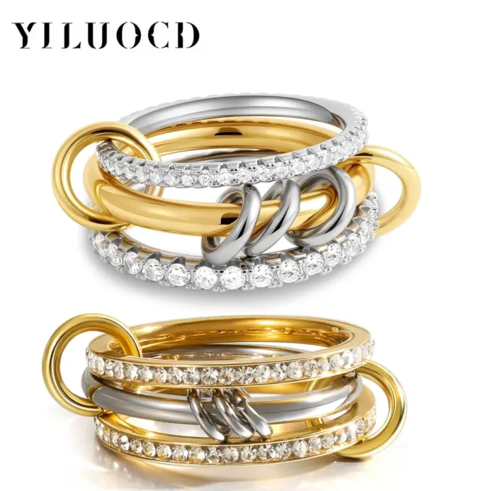 Nuevos anillos apilables de circonia cúbica de acero inoxidable para mujer, chapado en oro de 18k, anillo llamativo conectado multienlace, joyería apilable 1