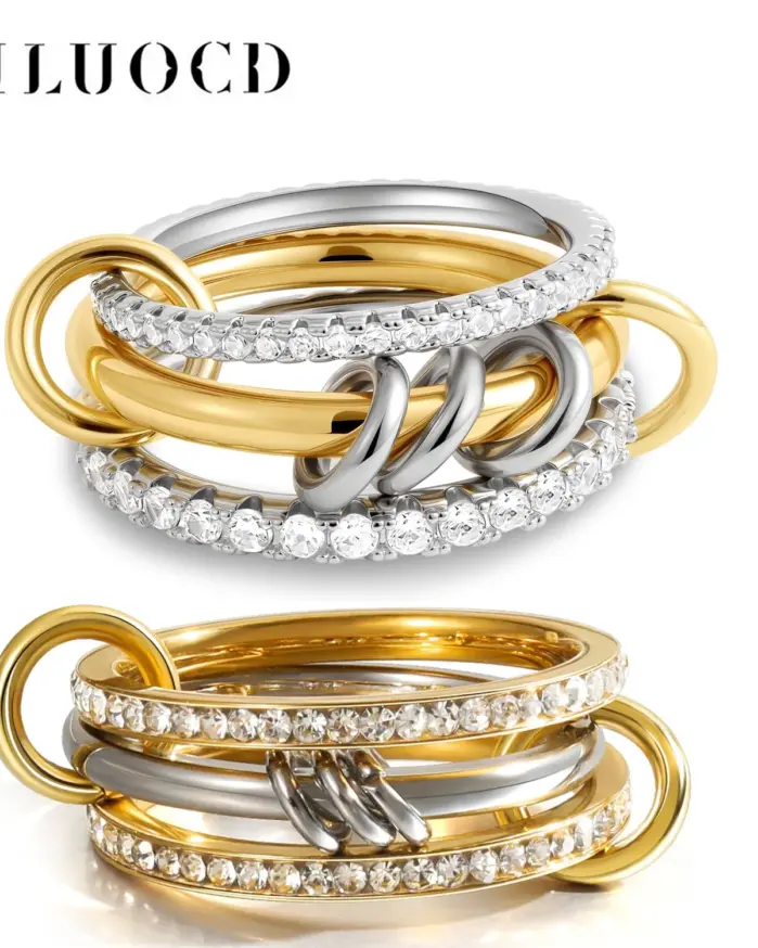 Nuevos anillos apilables de circonia cúbica de acero inoxidable para mujer, chapado en oro de 18k, anillo llamativo conectado multienlace, joyería apilable 1