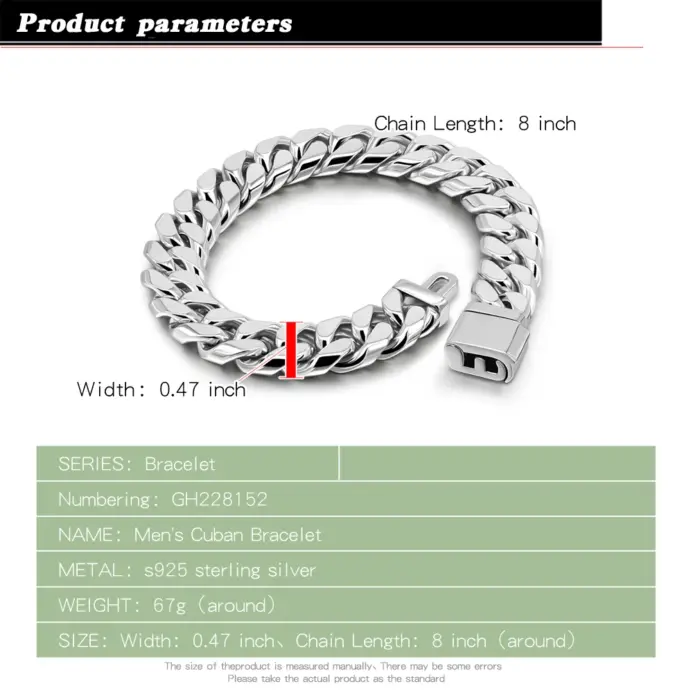 Pulsera de plata de ley 925 de Hip Hop para hombre, cadena cubana Miami de 12mm de ancho, cadena de mano a la moda, accesorio de joyería para hombre 2