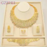 4 piezas, conjunto de joyería de circón blanco de lujo, collar, pendiente, pulsera, anillo chapado en oro, galvanoplastia, banquete de Dubái para mujer 1