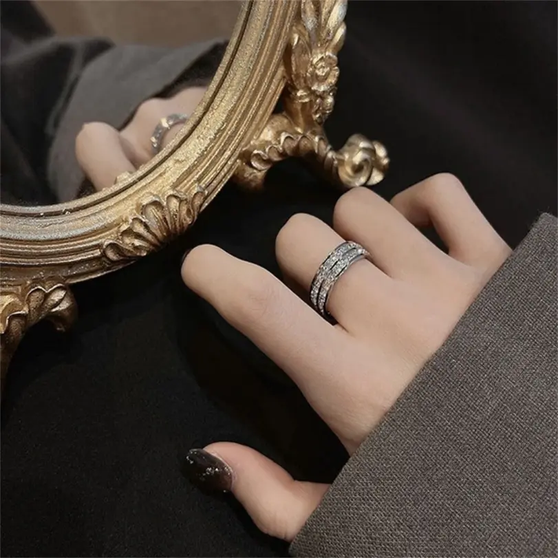 Anillo de acero inoxidable con circonita cuadrada de doble hilera de oro rosa de lujo, joyería romántica para fiesta y boda, regalo para mujer 4