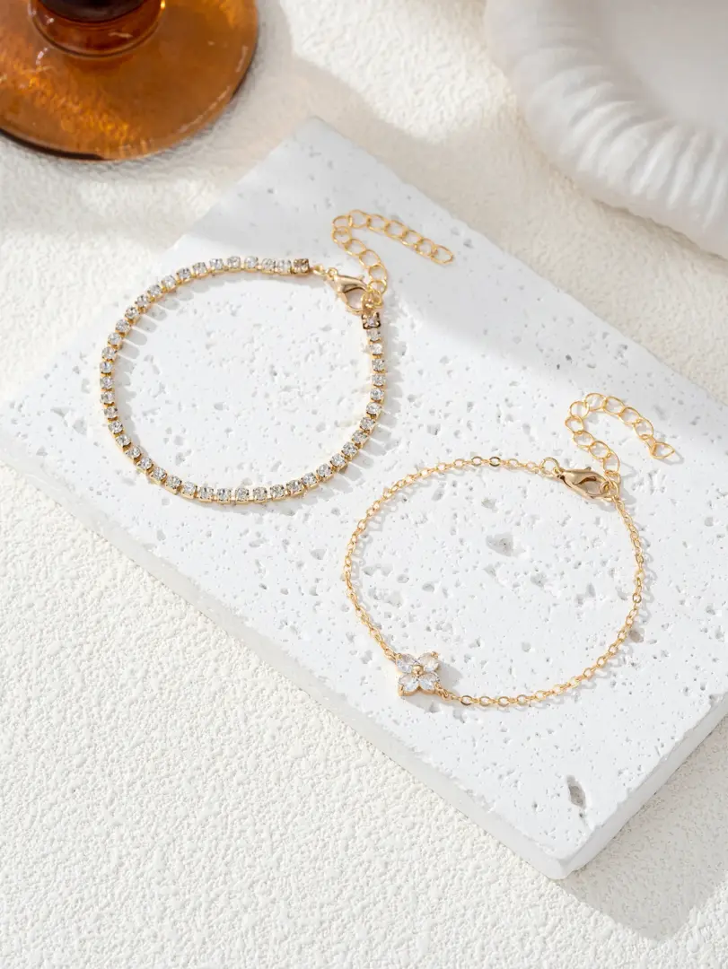 Conjunto de pulsera para mujer con cadena de agua y flor de circonia cúbica Simple, joyería diaria para oficina, 2 uds. 3