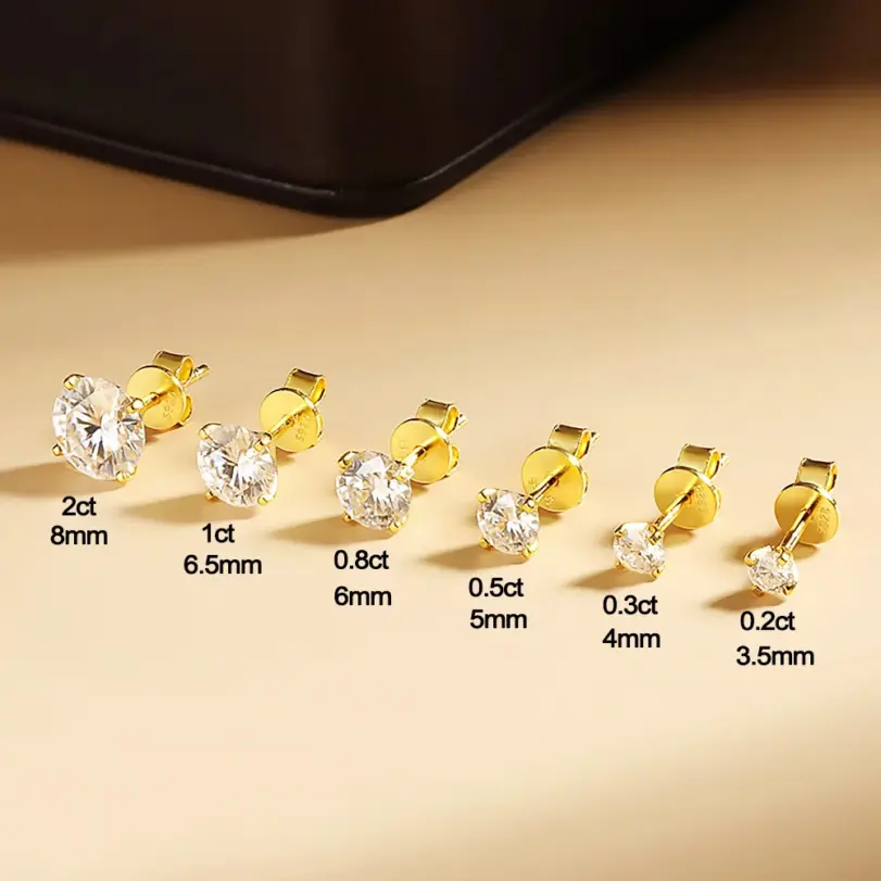 Pendientes de Moissanita de 0.1-5ct para Mujer y Hombre, Redondos, Color D, Diamante, Plata de Ley 925, Chapados en Oro de 18K, con Certificado 3