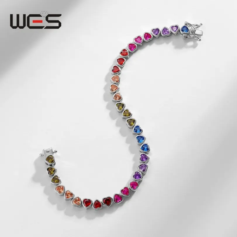WES-pulsera de plata de ley 925 para mujer, corazón encantador, regalo del Día de San Valentín para novia, joyería de circonia cúbica de arcoíris, venta al por mayor 5