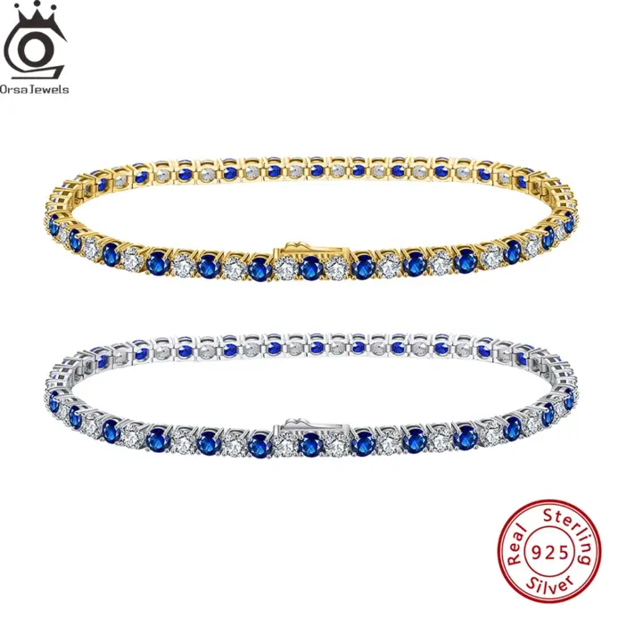 exquisita pulsera de tenis brillante azul zafiro de 3mm pulsera de plata de ley S925 con circonita cúbica de moda CZ SB137 1
