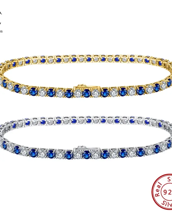 exquisita pulsera de tenis brillante azul zafiro de 3mm pulsera de plata de ley S925 con circonita cúbica de moda CZ SB137 1