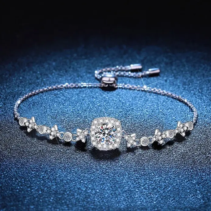 Pulsera de moissanita de platino Real de 18 quilates, pulsera de un quilate PT950, bolso cuadrado, pulsera de estrella y luna, joyería de boda 1