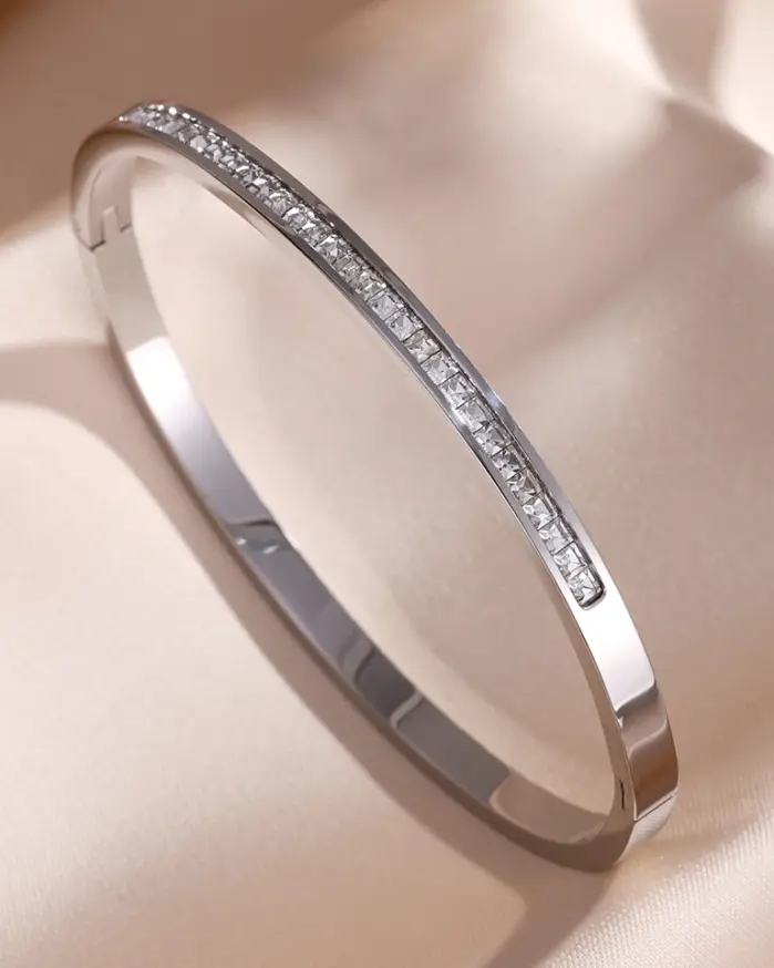 5/1 Uds. Conjunto de pulsera de acero inoxidable con incrustaciones de Zirconia brillante para mujer, brazaletes apilables, regalo de joyería que no se decolora 2