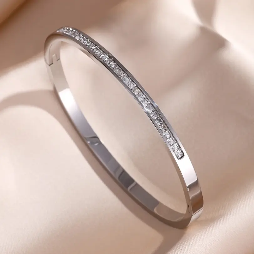 5/1 Uds. Conjunto de pulsera de acero inoxidable con incrustaciones de Zirconia brillante para mujer, brazaletes apilables, regalo de joyería que no se decolora 2