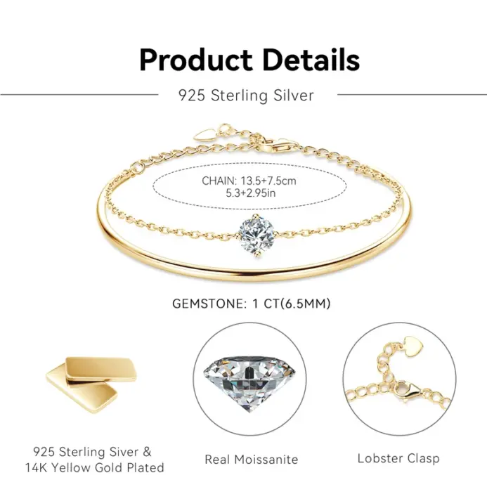 Pulsera de moissanita de 6,5mm para mujer, brazalete ajustable de doble cadena de Plata de Ley 925, joyería 2